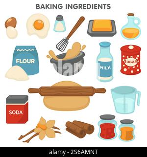 Food and cooking Baking ingredients kitchen items isolated objects vector eggs and salt butter. and oil flour and dough in bowl whisk and milk sugar and soda rolling pin and water vanilla and cinnamon. Baking ingredients food and cooking kitchen items isolated objects Stock Vector