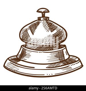 Hotel staff equipment bell from reception desk isolated sketch vector ringing button receptionist calling sound producing item. monochrome drawing house concierge service device or tool motel lobby. Bell from reception desk isolated sketch hotel staff equipment Stock Vector