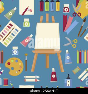 Easel and paint art painting tools and equipment seamless pattern vector canvas and paper oil and watercolor gouache, and acrylic paintbrush and scissors highlighter and pencils or pens thread and glue. Art painting tools and equipment seamless pattern easel and paint Stock Vector