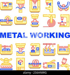 Metal Working Industry Collection Icons Set Vector. Metal Working Industrial Equipment, Drill Machine And Press, Automatic Tool Concept Linear Pictograms. Color Contour Illustrations. Metal Working Industry Collection Icons Set Vector Stock Vector
