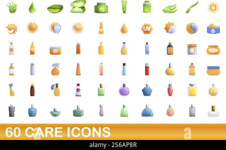 60 care icons set. Cartoon illustration of 60 care icons vector set isolated on white background. 60 care icons set, cartoon style Stock Vector