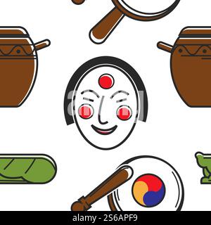 Traveling and tourism Korean symbols and culture seamless pattern vector mask and pottery national musical instrument endless texture pot and drum facial cover wallpaper print travel to Korea.. Korean symbols and culture seamless pattern traveling and tourism Stock Vector