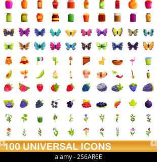 100 universal icons set. Cartoon illustration of 100 universal icons vector set isolated on white background. 100 universal icons set, cartoon style Stock Vector