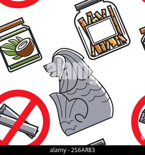 Traveling Singapore symbols food and architecture seamless pattern vector no smoking sign and cinnamon in jar coconut butter and merlion statue endless texture meal and drink monument attractions.. Food and attraction travel to Singapore seamless pattern monument Stock Vector