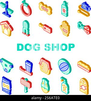 Dog Shop Accessories Collection Icons Set Vector. Dog Sonic Collar And Leash, Booth And Carrier Cage, Shampoo And Brush, Bone Toy And Food Isometric Sign Color Illustrations. Dog Shop Accessories Collection Icons Set Vector Stock Vector