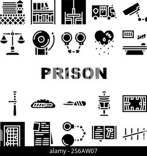 Prison Building And Accessory Icons Set Vector. Prison Cell And ...