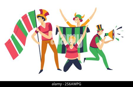 Sport fans man cheering up football sporting team vector isolated characters group friends with hats and flags bullhorn or loudspeaker game, or match buffs or rooters guys screaming and supporting. Fans cheering up sport team hats bullhorns and flags Stock Vector