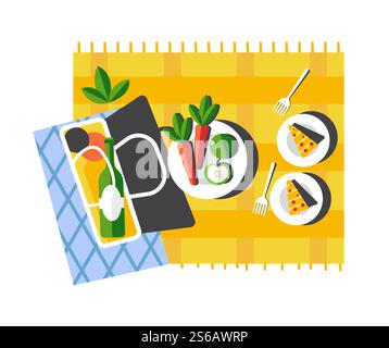 Food on blanket picnic summer outdoor activity or leisure vector vegetables or fruits and wine pizza slices on plate and bottle in basket forks snack, and drink healthy nutrition cooking ingredients. Summer picnic food on blanket outdoor activity or leisure Stock Vector