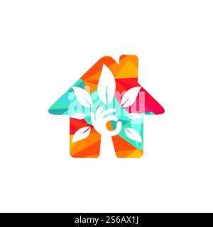 Creative green hand tree and house logo design. Natural home care logo. Spa logo. Beauty salon or yoga logo. Stock Vector