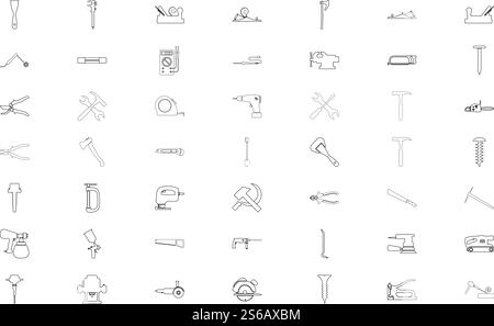 Hand tools black color set outline style vector illustration. Hand tools black color set outline style image Stock Vector