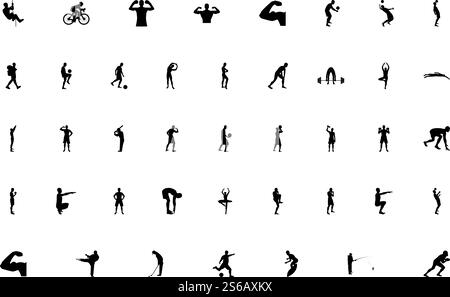 Men silhouette sport concept black color set solid style vector illustration. Men silhouette sport concept black color set solid style image Stock Vector