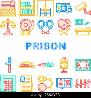 Prison Building And Accessory Icons Set Vector. Prison Cell And Electric Chair, Library And Visit Room, Knife In Bread And Police Baton Concept Linear Pictograms. Color Contour Illustrations. Prison Building And Accessory Icons Set Vector Stock Vector