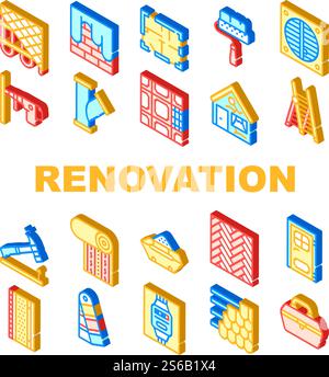 Renovation Home Repair Collection Icons Set Vector. Drilling And Nailing Hammer Renovation Equipment, Painting And Wallpapering Isometric Sign Color Illustrations. Renovation Home Repair Collection Icons Set Vector Stock Vector