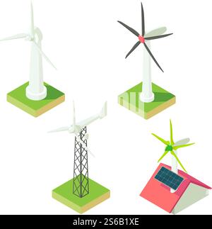 Wind turbine icons set. Isometric set of wind turbine vector icons for web design isolated on white background. Wind turbine icons set, isometric style Stock Vector