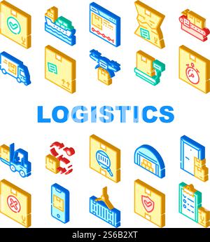 Logistics Service Collection Icons Set Vector. Logistics Warehouse And Conveyor, Ship And Truck, Loader And Delivery Drone, Phone App Tracking Isometric Sign Color Illustrations. Logistics Service Collection Icons Set Vector Illustrations Stock Vector