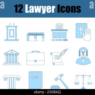 Lawyer Icon Set. Thin Line With Blue Fill Design. Vector Illustration. Stock Vector