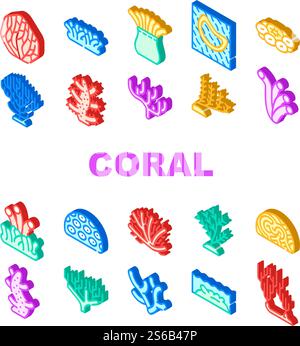 Coral Sea Aquatic Reef Collection Icons Set Vector. Natural Marine Water Coral Flora, Ocean Underwater Nature Plant Seaweed Algae Isometric Sign Color Illustrations. Coral Sea Aquatic Reef Collection Icons Set Vector Stock Vector