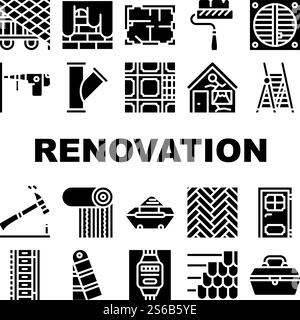 Renovation Home Repair Collection Icons Set Vector. Drilling And Nailing Hammer Renovation Equipment, Painting And Wallpapering Glyph Pictograms Black Illustrations. Renovation Home Repair Collection Icons Set Vector Stock Vector