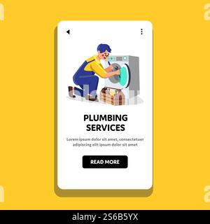Plumbing Service Worker Fix Washing Machine Vector. Plumbing Service Handyman With Tools Repair Laundry Electric Appliance. Character Plumber Fixing Washer Device Web Flat Cartoon Illustration. Plumbing Service Worker Fix Washing Machine Vector Stock Vector