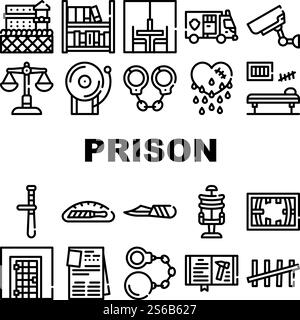 Prison Building And Accessory Icons Set Vector. Prison Cell And Electric Chair, Library And Visit Room, Knife In Bread And Police Baton Black Contour Illustrations. Prison Building And Accessory Icons Set Vector Stock Vector