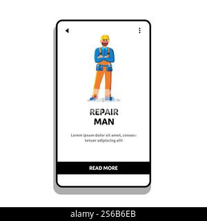 Repair Man Mechanic Wear Belt With Tools Vector. Repair Man Worker Wearing Uniform And Hard Hat Standing With Crossed Arms. Character Repairman With Instruments Web Flat Cartoon Illustration. Repair Man Mechanic Wear Belt With Tools Vector Stock Vector