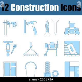 Construction Icon Set. Thin Line With Blue Fill Design. Vector Illustration. Stock Vector