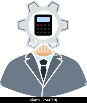Analyst With Gear Hed And Calculator Inside Icon. Flat Color Design. Vector Illustration. Stock Vector