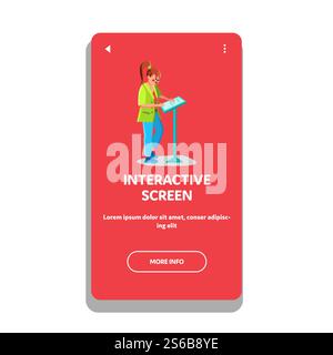 Interactive Screen Of Digital Gadget Kiosk Vector. Woman Touch Interactive Screen Of Electronic Computer For Information Or Registration. Character Customer Web Flat Cartoon Illustration. Interactive Screen Of Digital Gadget Kiosk Vector Stock Vector
