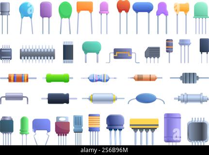 Capacitor icons set. Cartoon set of capacitor vector icons for web design. Capacitor icons set, cartoon style Stock Vector