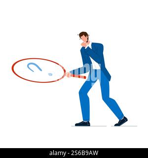 Businessman With Magnifier Looking Clue Vector. Young Man With Magnifying Glass Search Clue. Character Detective With Loupe And Question Searching Details Flat Cartoon Illustration. Businessman With Magnifier Looking Clue Vector Stock Vector