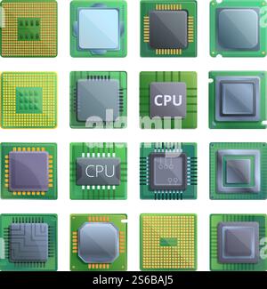Processor icons set. Cartoon set of processor vector icons for web design. Processor icons set, cartoon style Stock Vector