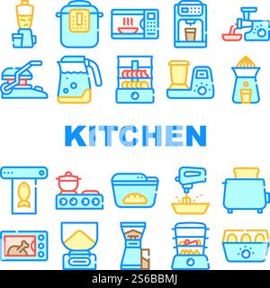 Kitchen Electronics Collection Icons Set Vector. Kitchen Blender And Multicooker, Microwave Oven And Coffee Maker, Meat Grinder And Juicer Concept Linear Pictograms. Color Contour Illustrations. Kitchen Electronics Collection Icons Set Vector Illustrations Stock Vector