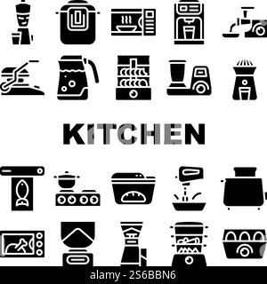 Kitchen Electronics Collection Icons Set Vector. Kitchen Blender And Multicooker, Microwave Oven And Coffee Maker, Meat Grinder And Juicer Glyph Pictograms Black Illustrations. Kitchen Electronics Collection Icons Set Vector Illustrations Stock Vector