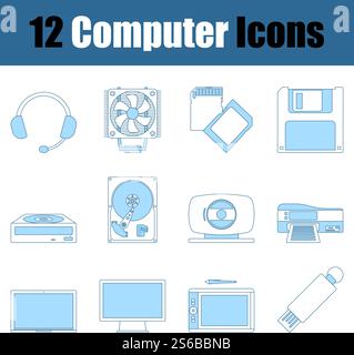 Computer Icon Set. Thin Line With Blue Fill Design. Vector Illustration. Stock Vector