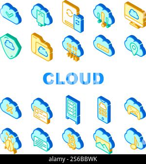 Cloud Service Storage Collection Icons Set Vector. Cloud Data Security And Information, Music And Photography Storaging, Game Safe And Location Isometric Sign Color Illustrations. Cloud Service Storage Collection Icons Set Vector Stock Vector