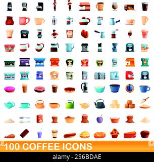 100 coffee icons set. Cartoon illustration of 100 coffee icons vector set isolated on white background. 100 coffee icons set, cartoon style Stock Vector