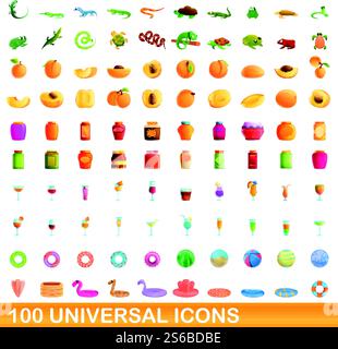 100 universal icons set. Cartoon illustration of 100 universal icons vector set isolated on white background. 100 universal icons set, cartoon style Stock Vector