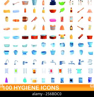 100 hygiene icons set. Cartoon illustration of 100 hygiene icons vector set isolated on white background. 100 hygiene icons set, cartoon style Stock Vector