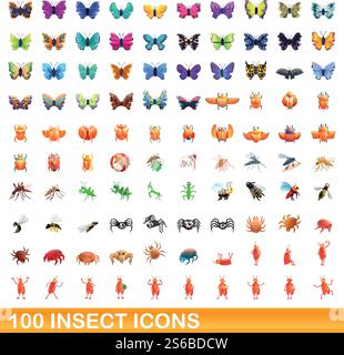 100 insect icons set. Cartoon illustration of 100 insect icons vector set isolated on white background. 100 insect icons set, cartoon style Stock Vector