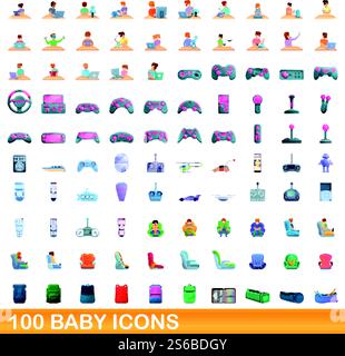 100 baby icons set. Cartoon illustration of 100 baby icons vector set isolated on white background. 100 baby icons set, cartoon style Stock Vector