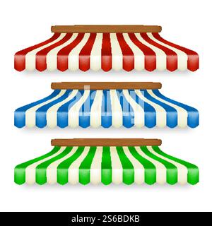 Shop Awnings Different Striped Color Set Vector. Colored Stripes Market Stand Awnings, Restaurant And Store Tent. Seller Marketplace Shelter Sunshade Template Realistic 3d Illustrations. Shop Awnings Different Striped Color Set Vector Stock Vector