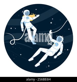 Astronauts In Spacesuit Flying Outer Space Vector. Cosmonauts Man And Woman Wearing Spacesuit And Helmet. Characters Spacepeople Universe Cosmos Explorer Mission Flat Cartoon Illustration. Astronauts In Spacesuit Flying Outer Space Vector Stock Vector