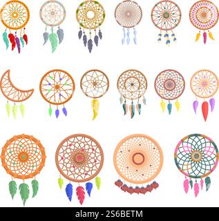 Dream catcher icons set. Cartoon set of dream catcher vector icons for web design. Dream catcher icons set, cartoon style Stock Vector
