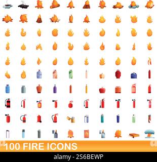 100 fire icons set. Cartoon illustration of 100 fire icons vector set isolated on white background. 100 fire icons set, cartoon style Stock Vector