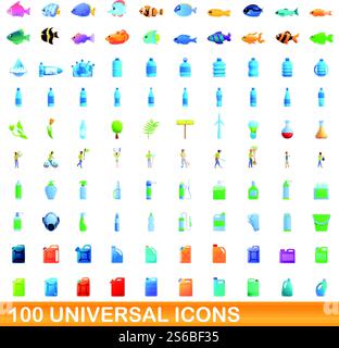100 universal icons set. Cartoon illustration of 100 universal icons vector set isolated on white background. 100 universal icons set, cartoon style Stock Vector