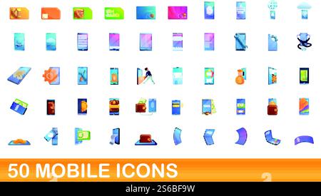50 mobile icons set. Cartoon illustration of 50 mobile icons vector set isolated on white background. 50 mobile icons set, cartoon style Stock Vector