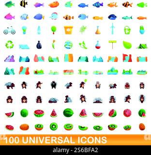 100 universal icons set. Cartoon illustration of 100 universal icons vector set isolated on white background. 100 universal icons set, cartoon style Stock Vector