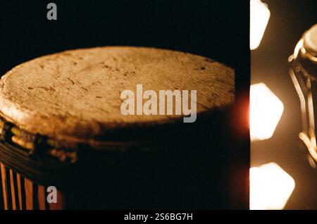 A Djembe on stage, analog film experiment Stock Photo