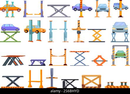 Car lift icons set. Cartoon set of car lift vector icons for web design. Car lift icons set, cartoon style Stock Vector