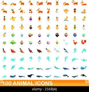 100 animal icons set. Cartoon illustration of 100 animal icons vector set isolated on white background. 100 animal icons set, cartoon style Stock Vector